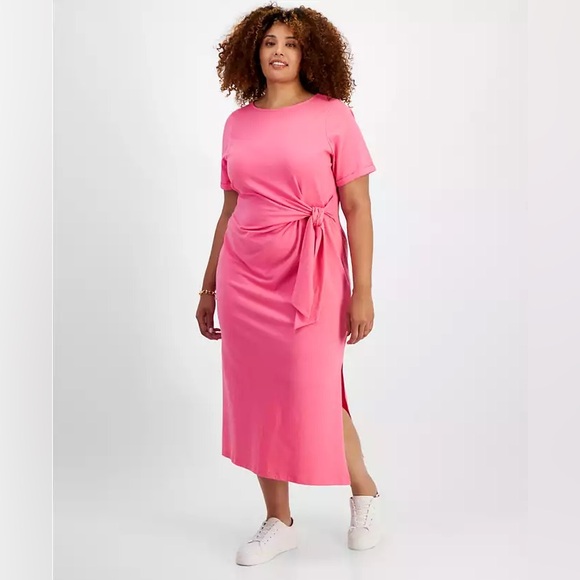 On 34th Azalea Pink Crewneck Wrap Tie Dress - Size 3X - Picture 1 of 6